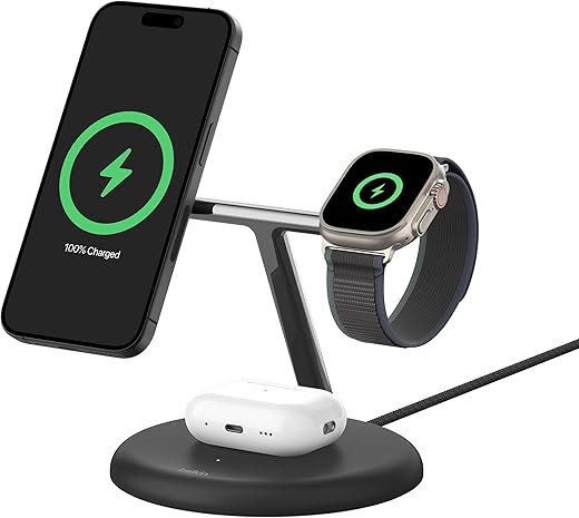 Must-Have Apple Accessories: 10 Amazing Picks for Every Apple Enthusiast 7 Belkin MagSafe 3-in-1 Qi2 Wireless Charger Stand 15W | Fast Charging iPhone Charger for iPhone 16, 15, 14 & 13 Series, AirPods, & Apple Watch | 36W Charger Included | Black